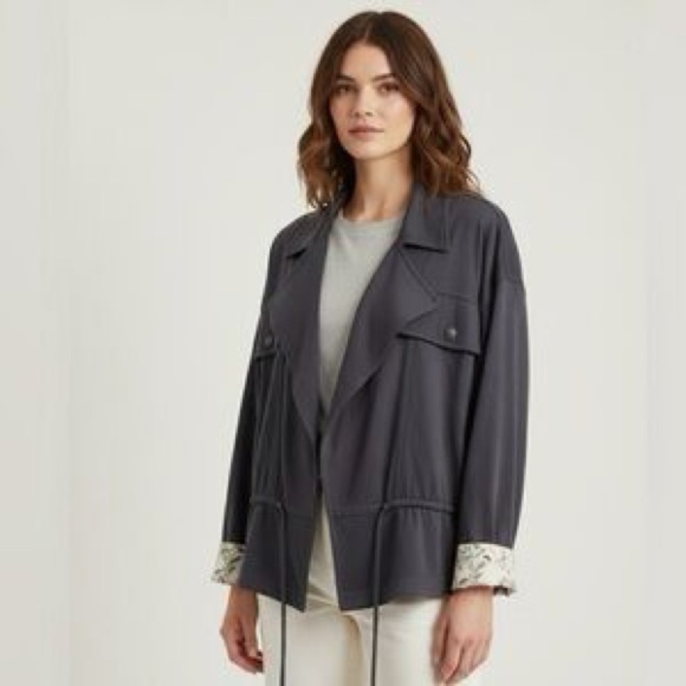 Frye Women's Charcoal Moto Jacket with Contrasting Floral Cuffs